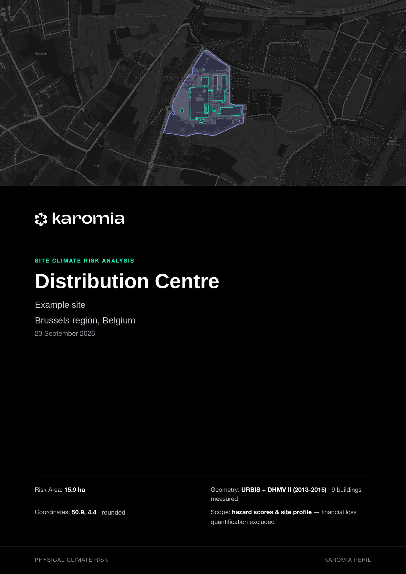 Front page of a Karomia site climate risk analysis for an anonymised distribution centre in the Brussels region, with the site's risk area on the map