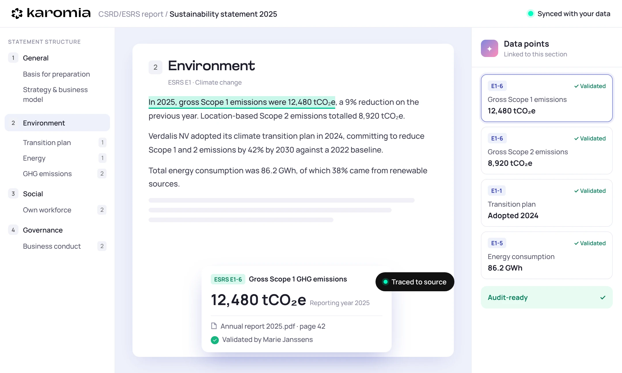 The sustainability statement in Karomia: the Environment section, with a sentence on Scope 1 emissions traced to its validated ESRS data point and the linked data points next to it