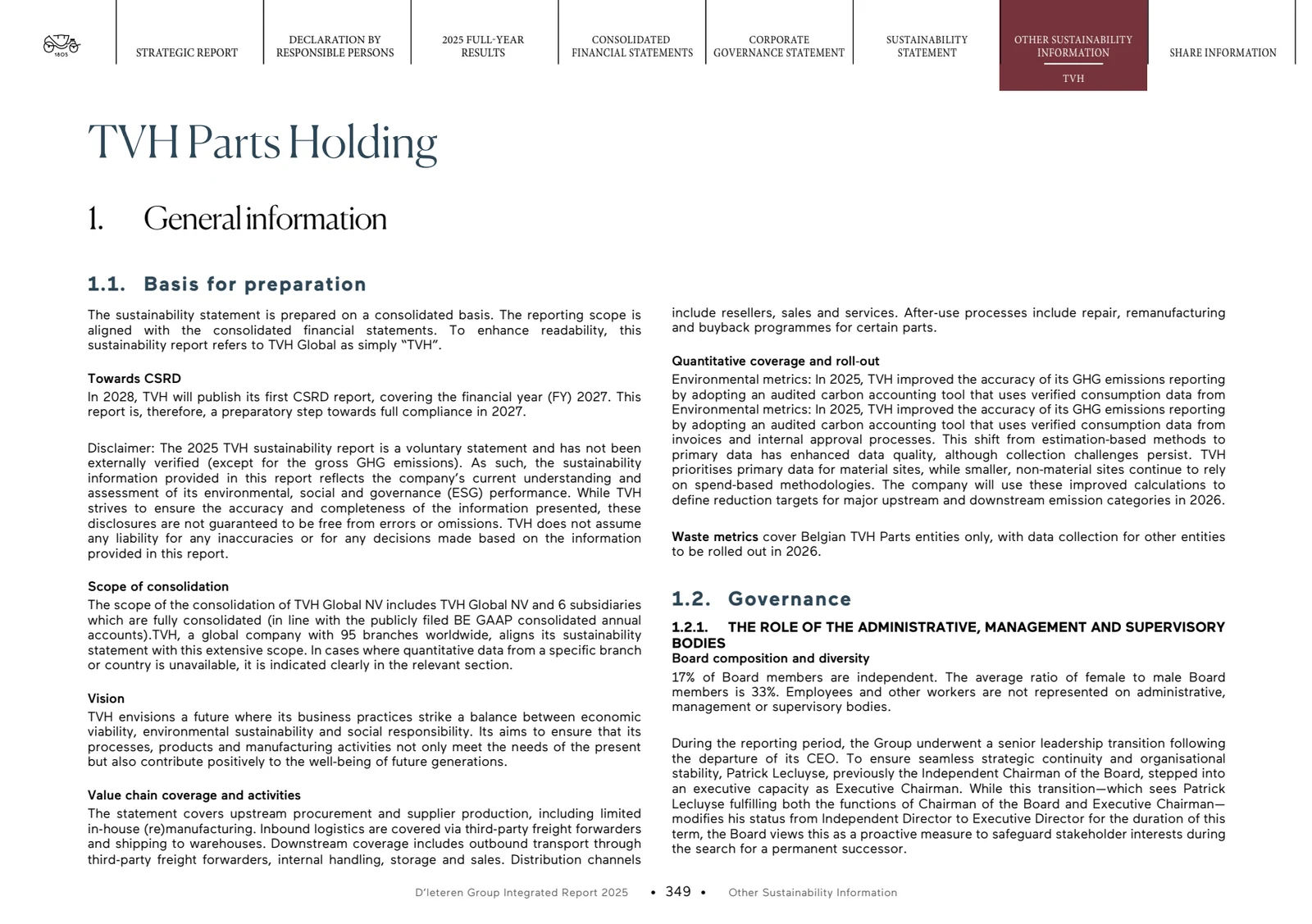 A page of the TVH sustainability statement in the DβIeteren Group integrated report 2025: general information and basis for preparation