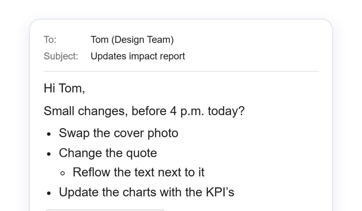 An email to the design team listing last-minute changes to the impact report, with the KPI spreadsheet attached