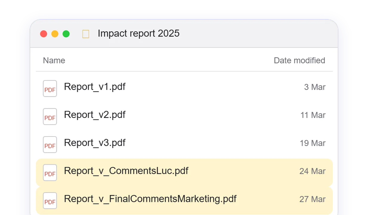 A folder with five versions of the same report: v1, v2, v3, comments from Luc and final comments from marketing