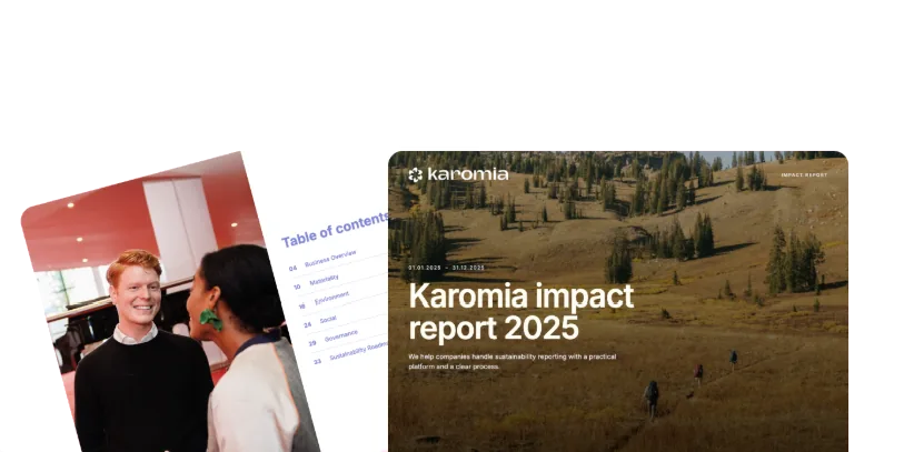 A table of contents and the cover of a branded impact report