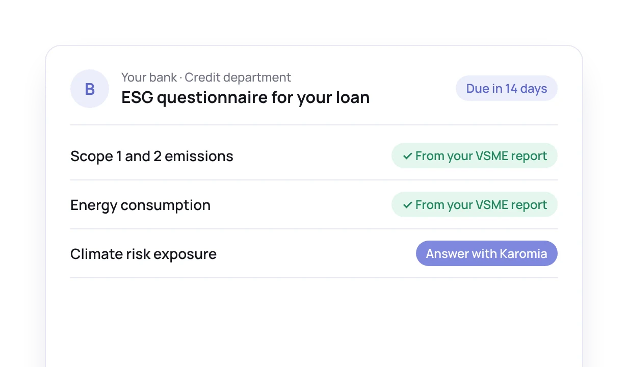 An ESG questionnaire from a bank for a loan, answered from the VSME report