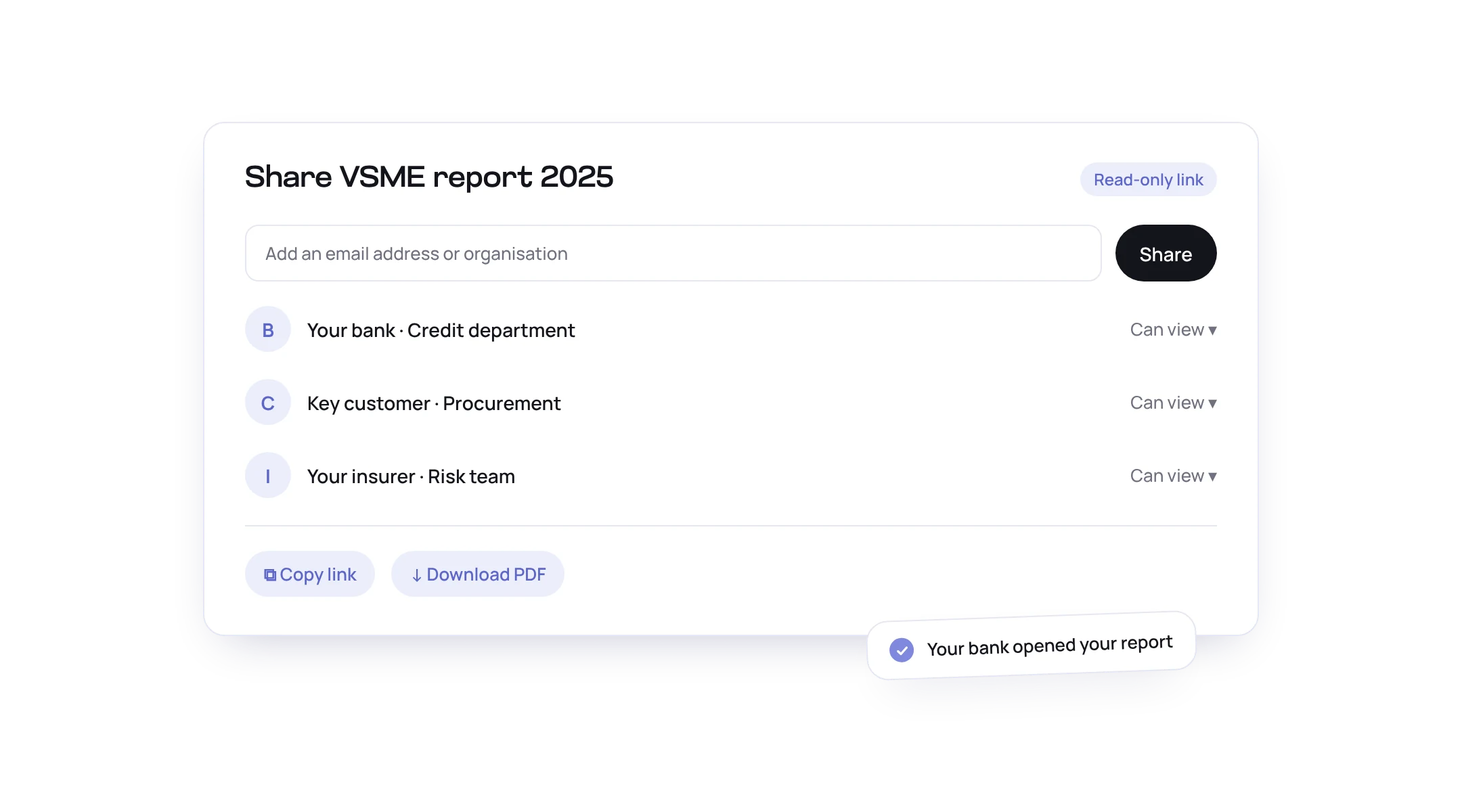 The VSME report shared read-only with a bank, a customer and an insurer